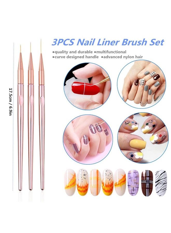 FULINJOY 3 Pcs Rose Gold Nail Art Liner Brushes Set, UV Gel Acrylic Application Nail Pens Nail Art Designs Tools(7mm/9mm/11mm) - Image 2