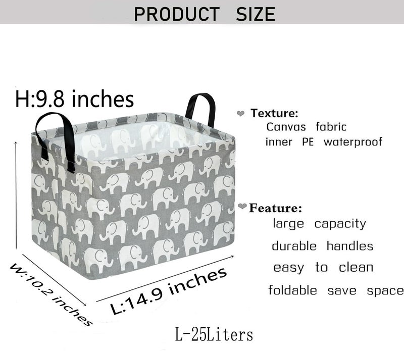 KUNRO Rectang Storage Basket Gift Shelf Basket Baby Storage Bin, Kids Toy Basket Organizer Box with Handles for Boy and Girls Room Deco (Elephant) - Image 2