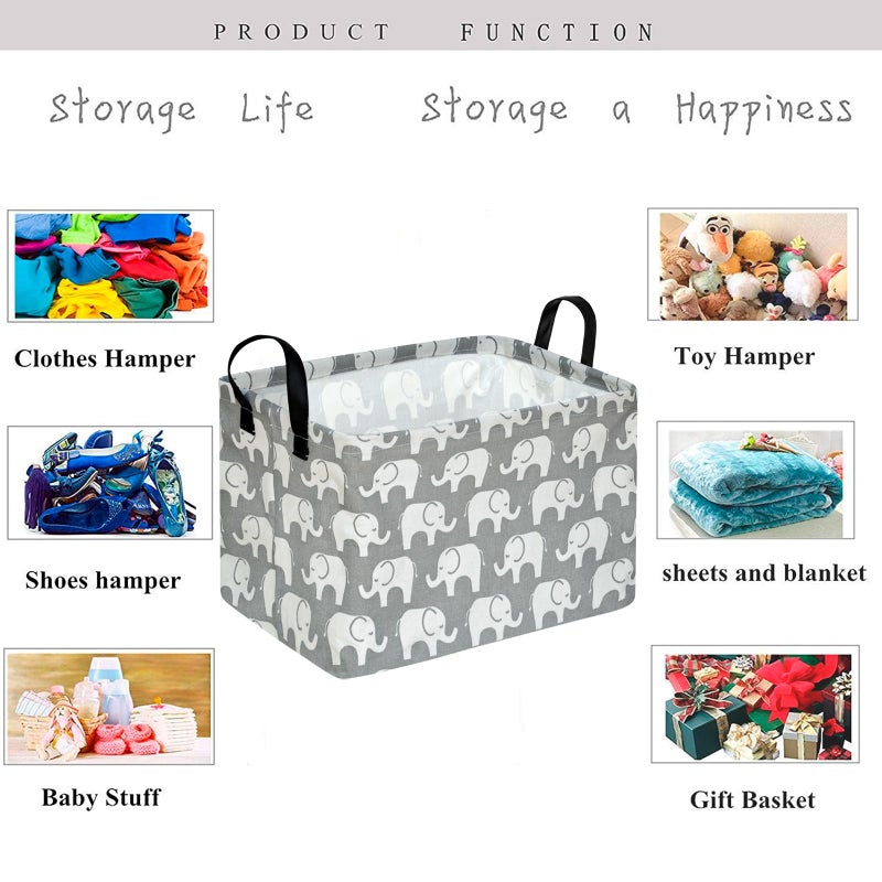 KUNRO Rectang Storage Basket Gift Shelf Basket Baby Storage Bin, Kids Toy Basket Organizer Box with Handles for Boy and Girls Room Deco (Elephant) - Image 3