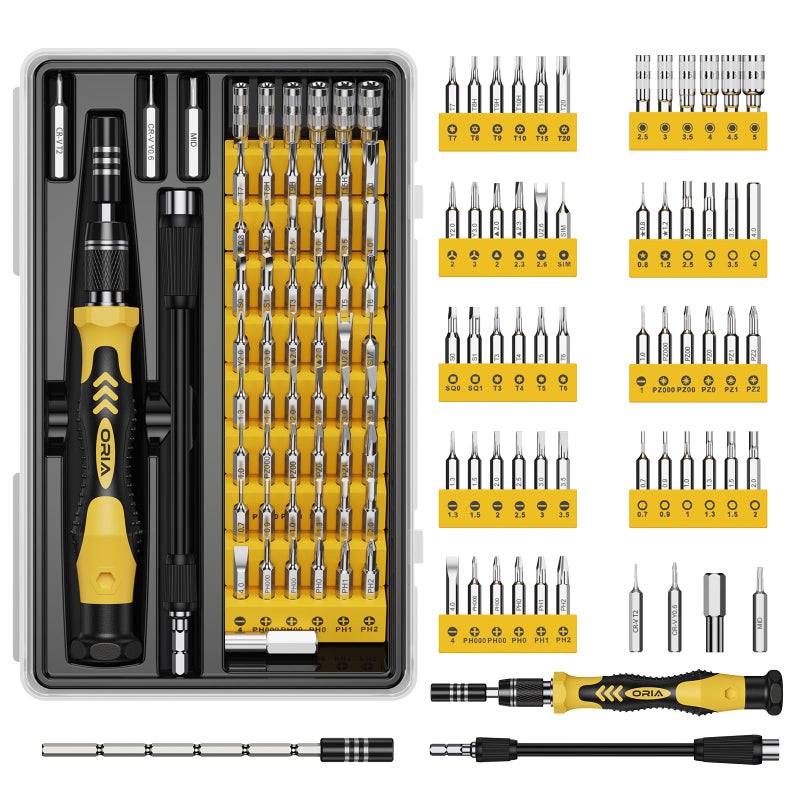 ORIA Small Screwdriver Set 61 in 1 Precision Screwdriver Set with 57 Bits Mini Screwdriver Repair Tools with Extension Rod for Mobile Phone Game Console Tablet Yellow