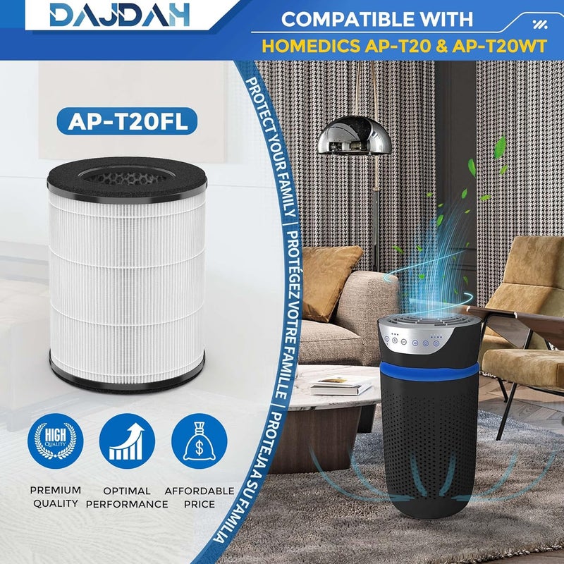 DAJDAH مرشح بديل AP-T20 AP-T20FL متوافق مع جهاز تنقية الهواء Homedics، مرشح بديل لجهاز تنقية الهواء Homedics Total Clean 3 في 1 موديلات AP-T20 وAP-T20WT مع مرشح HEPA حقيقي عالي الجودة، عبوة واحدة - Image 2