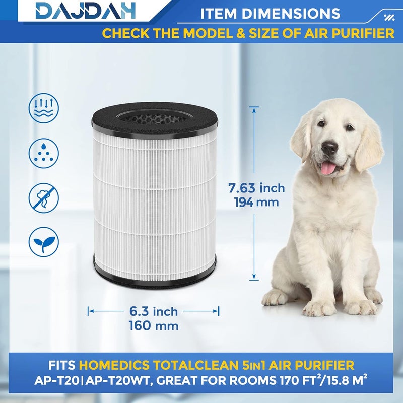 DAJDAH مرشح بديل AP-T20 AP-T20FL متوافق مع جهاز تنقية الهواء Homedics، مرشح بديل لجهاز تنقية الهواء Homedics Total Clean 3 في 1 موديلات AP-T20 وAP-T20WT مع مرشح HEPA حقيقي عالي الجودة، عبوة واحدة - Image 3