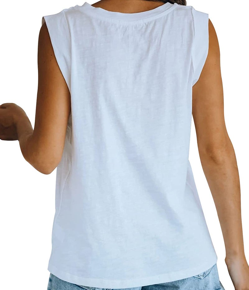 Fazortev Women's Summer Sleeveless Tank Top Loose Fit Casual Crew Neck T Shirts Basic Tee Tops White - Image 4