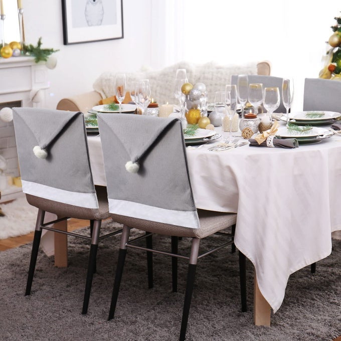 4 PIECES CHRISTMAS CHAIR COVERS DECOR SANTA CLAUS HAT SNOWFLAKE CHAIR XMAS CAP KITCHEN DINING CHAIRS SLIPCOVERS SETS FOR CHRISTMAS HOLIDAY FESTIVE DECORATIONSGREY