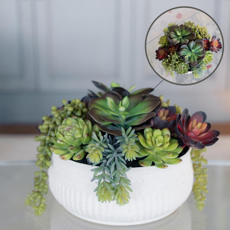 CG Hunter Round Faux Succulent Arrangement, 12" Premium Artificial Indoor Plant Enhances Interior Design, Display on any Surface in Your Home Adding an Inviting Touch of Nature, White Planter Pot Included - Image 2