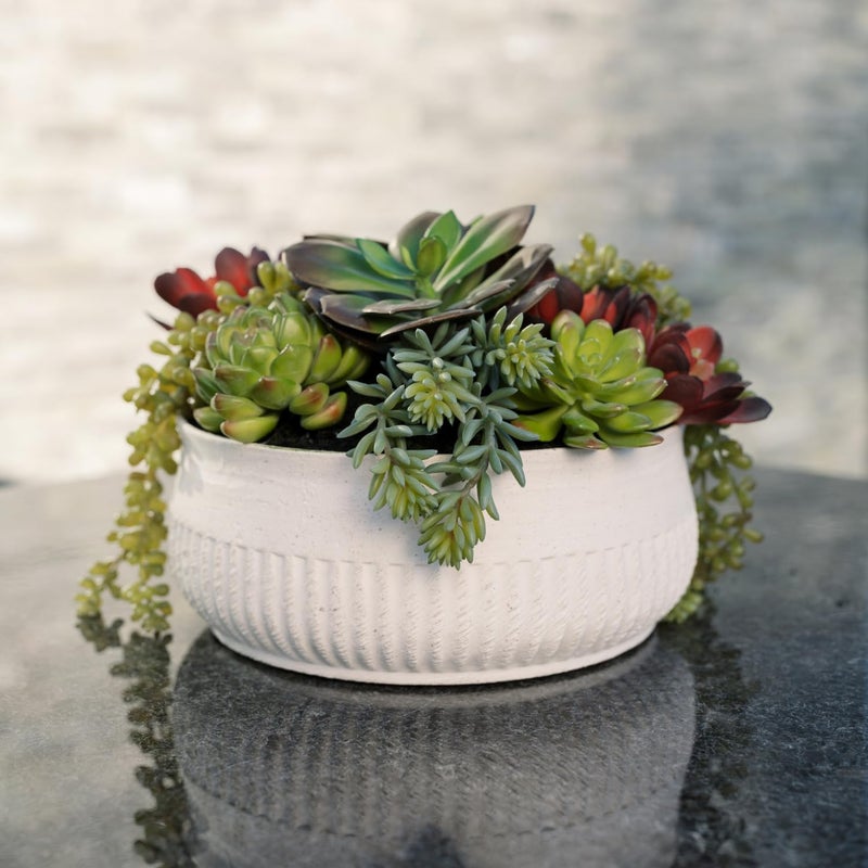 CG Hunter Round Faux Succulent Arrangement, 12" Premium Artificial Indoor Plant Enhances Interior Design, Display on any Surface in Your Home Adding an Inviting Touch of Nature, White Planter Pot Included - Image 1