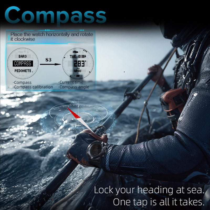 Diyeeni Diving Computer Watch 100M Waterproof Compass Altimeter Barometer World Time Stopwatch Professional Watch for Swimmers Divers Sailing Surfing Hiking Blue - Image 5