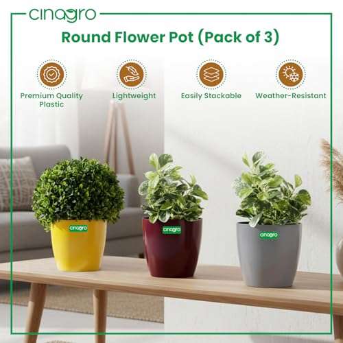 CINAGRO Round-Shape Plastic Pots/Gamla, Multicolour, Set of 3, Plastic, Stackable Design, Lightweight, Easy to Clean, Minimalistic Home Decor, Great for Leafy Plants (13 x 12cm) - Image 4