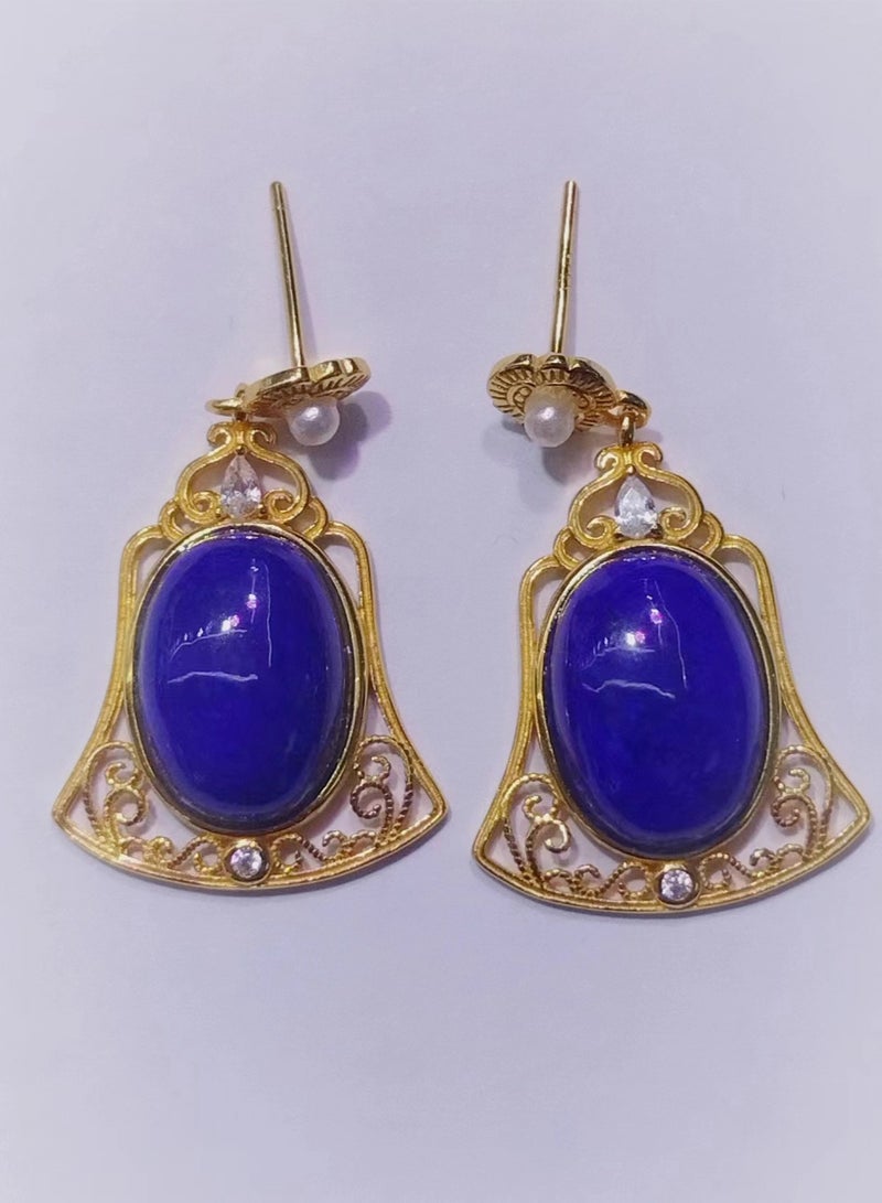 Fashion women 925 sterling silver plated by 18k gold with natural lapis lazuli gem stone earrings - Image 1
