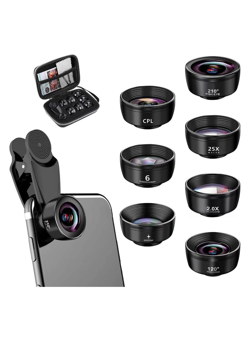 General Phone Lens Kit 7in1  210° Fisheye Lens  25X Macro Lens  120° Wide Angle Lens  Telephoto Lens  CPL   Kaleidoscope   Starburst Clip-On Camera Lens for iPhone Samsung Android Smartphone  - Image 1