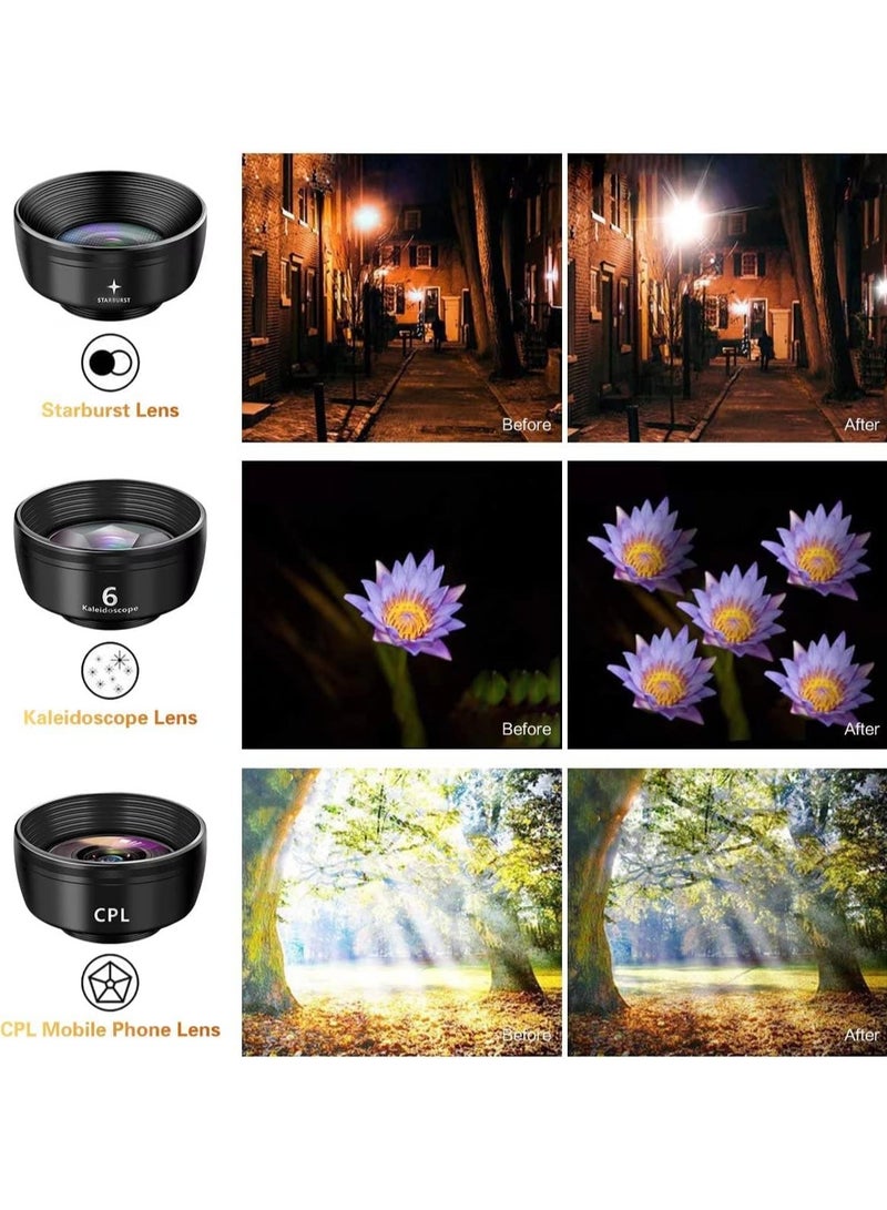 General Phone Lens Kit 7in1  210° Fisheye Lens  25X Macro Lens  120° Wide Angle Lens  Telephoto Lens  CPL   Kaleidoscope   Starburst Clip-On Camera Lens for iPhone Samsung Android Smartphone  - Image 4