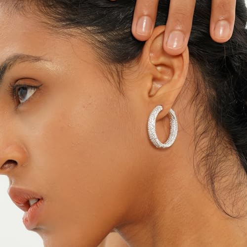 TOPGRILLZ Iced Out Hoop Earrings Cubic Zirconia Huggie Cartilage Cuff Hypoallergenic 14K Gold Plated Luxury Fashion Round Circle Earrings For Women-29mmSilver - Image 5
