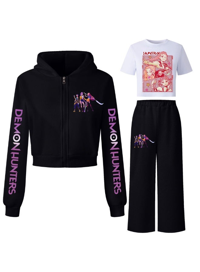 عام كبوب شيطان الصيادين الفتيات مقنعين سترة + بنطلون + تي شيرت ثلاثة قطعة الرياضة الصوف دعوى الأطفال - Image 1