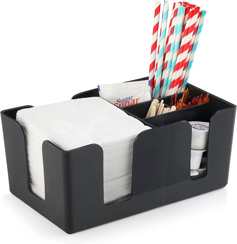 Olrada Bar Caddy Organizer with 6 Compartment of Napkin Dispenser Straw Holder Black 1Pc - Image 2
