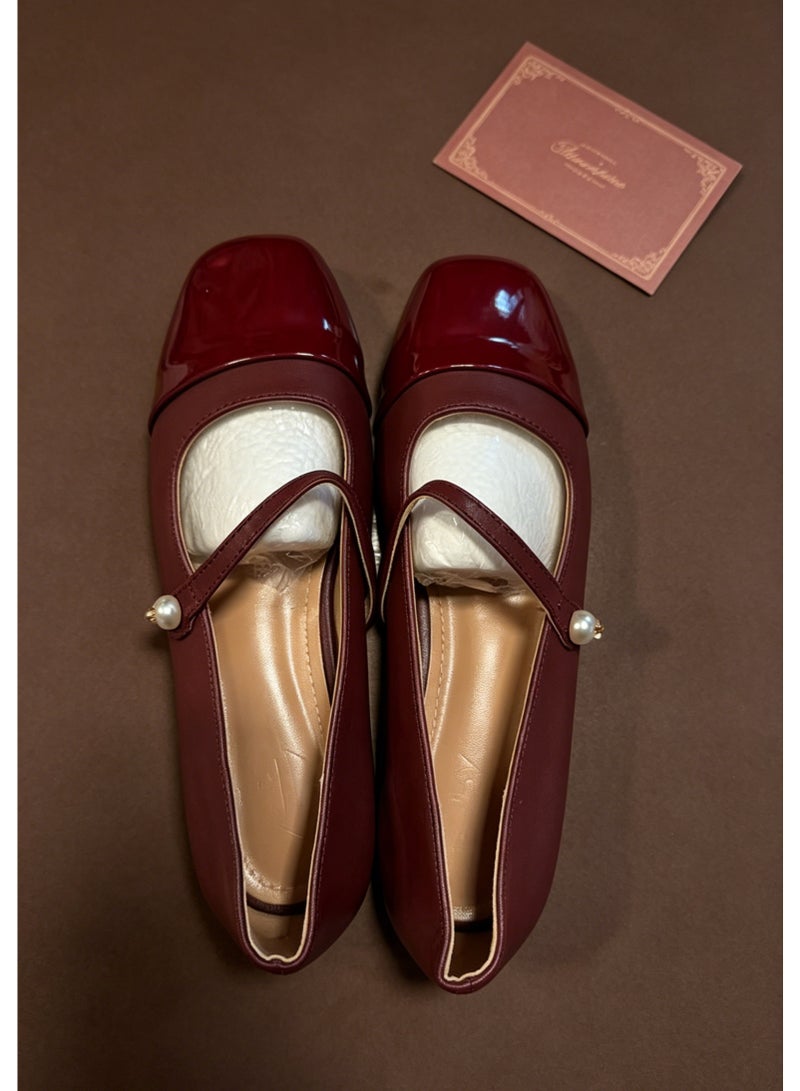 CityRiya-Long Women's Leather Shoes, Red Women Dressy Shoes, 4cm Low Heels Slip-on Shoes, Classic Chunky Heeled Shoes, Fashion Versatile Women Dressy Shoes, Thick-heeled Mary Jane Shoes, Comfy Breathable Pump Shoes for Work/ Wedding/ Casual/ Daily Wear - Image 2