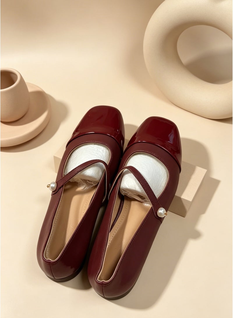 CityRiya-Long Women's Leather Shoes, Red Women Dressy Shoes, 4cm Low Heels Slip-on Shoes, Classic Chunky Heeled Shoes, Fashion Versatile Women Dressy Shoes, Thick-heeled Mary Jane Shoes, Comfy Breathable Pump Shoes for Work/ Wedding/ Casual/ Daily Wear - Image 1