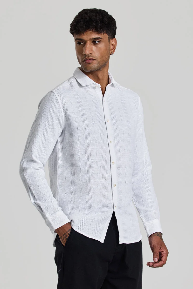 SNITCH White Textured Long Sleeve Slim Fit Casual Shirt