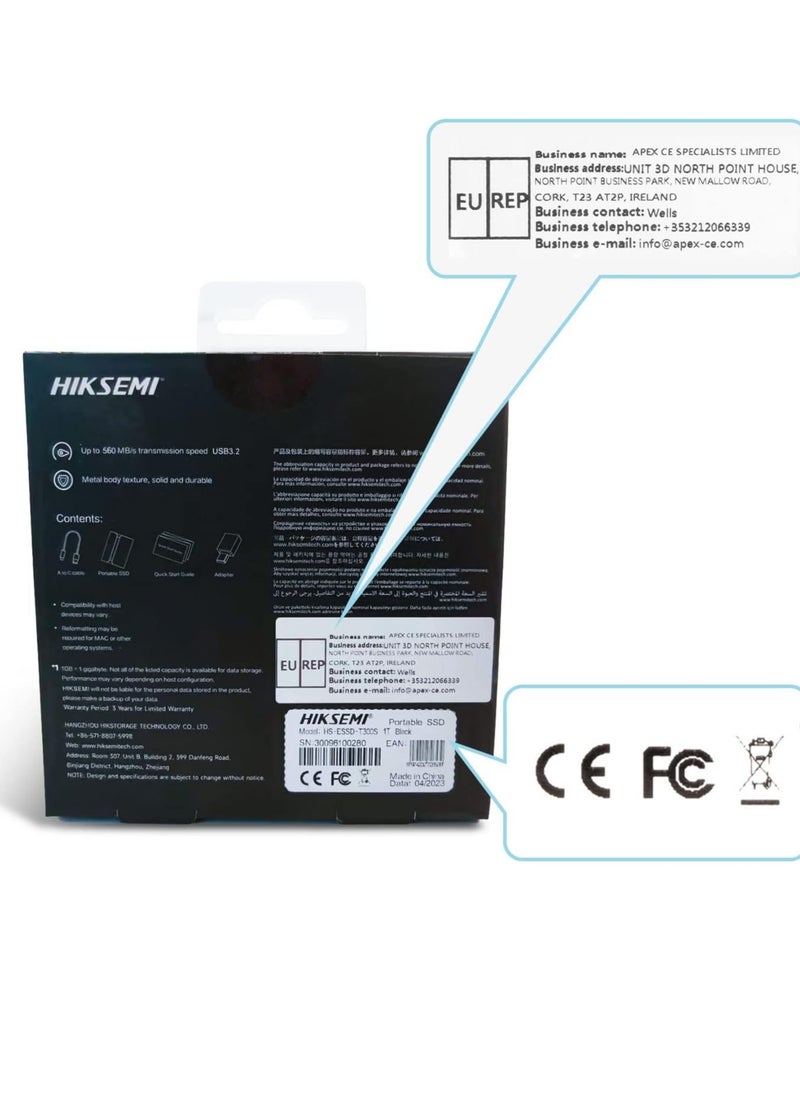 HIKSEMI T300S 1 تيرابايت SSD خارجي محمول سرعة قراءة تصل إلى 560 ميجابايت/ثانية، USB 3.1/النوع C، محركات الأقراص الصلبة الخارجية