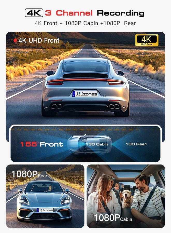 Jzones Dash Cam Front and Rear: 4K+1080P+1080P 3 Channel Dash Camera for Cars, STARVIS 2 Sensor Dash Camera with HDR Night Vision, 24H Parking Mode Car Camera with GPS, Free 64GB Card - Image 2