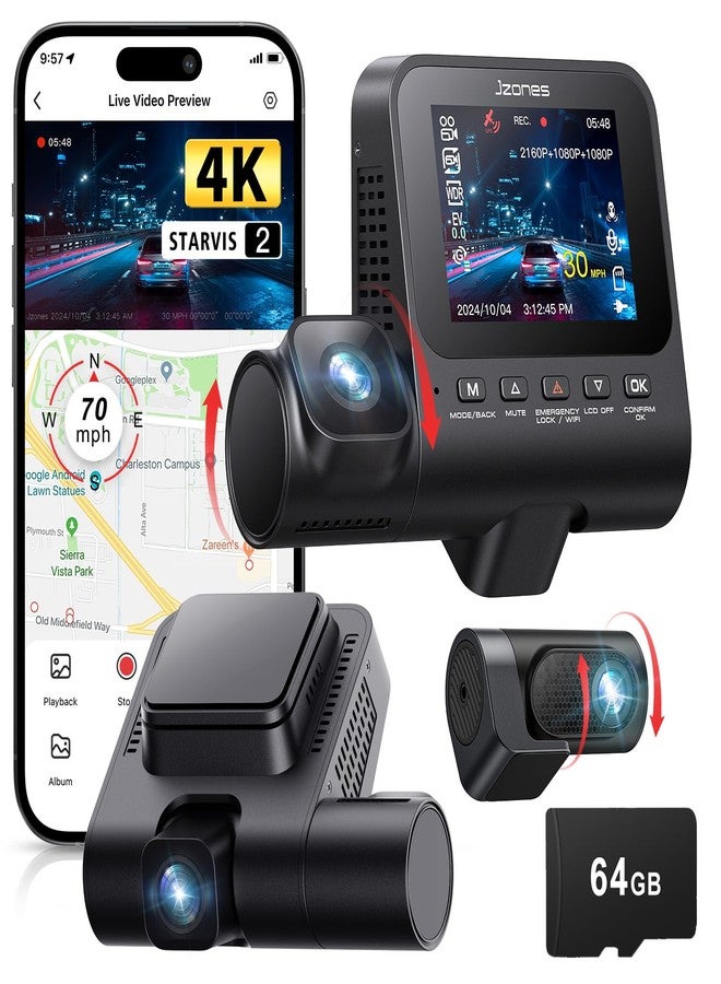 Jzones Dash Cam Front and Rear: 4K+1080P+1080P 3 Channel Dash Camera for Cars, STARVIS 2 Sensor Dash Camera with HDR Night Vision, 24H Parking Mode Car Camera with GPS, Free 64GB Card - Image 1