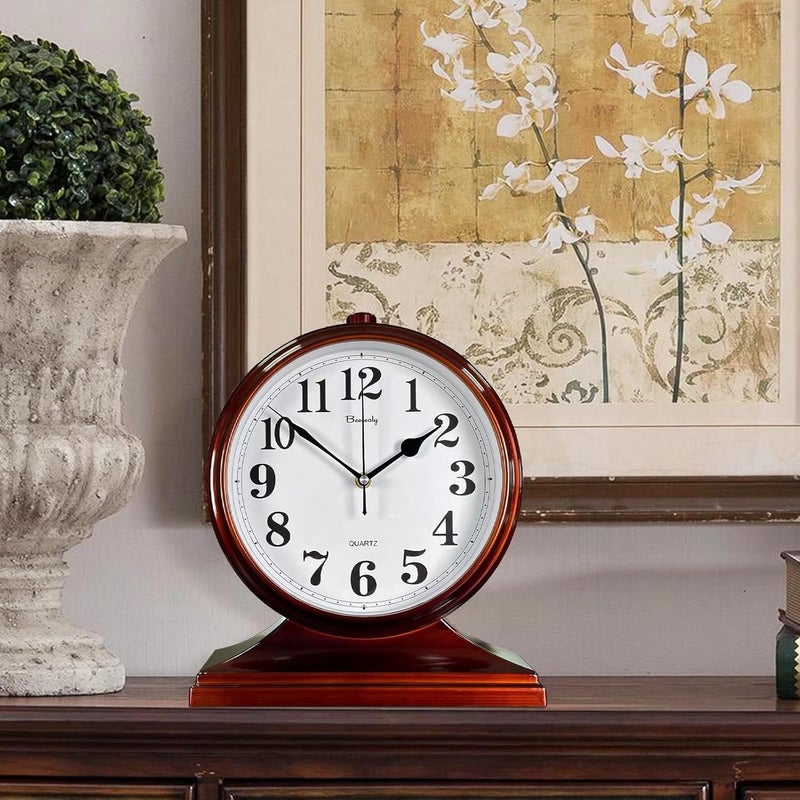 Beesealy ساعة مكتب للديكور، ساعة mantel عتيقة تعمل بالبطارية لمدفأة mantel، غرفة المعيشة، غرفة النوم، المكتب، ديكور المكتب (بني) - Image 2