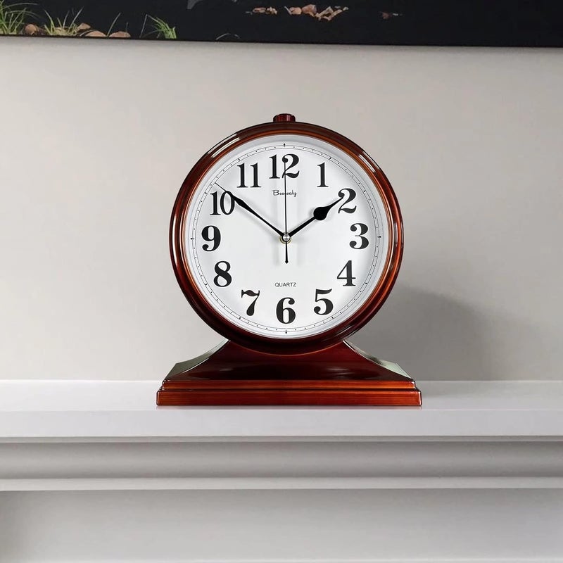 Beesealy ساعة مكتب للديكور، ساعة mantel عتيقة تعمل بالبطارية لمدفأة mantel، غرفة المعيشة، غرفة النوم، المكتب، ديكور المكتب (بني) - Image 3
