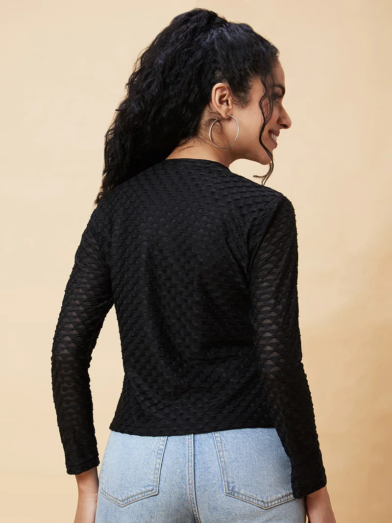 globus Women Black Self Design Semi Sheer Long Sleeve Top