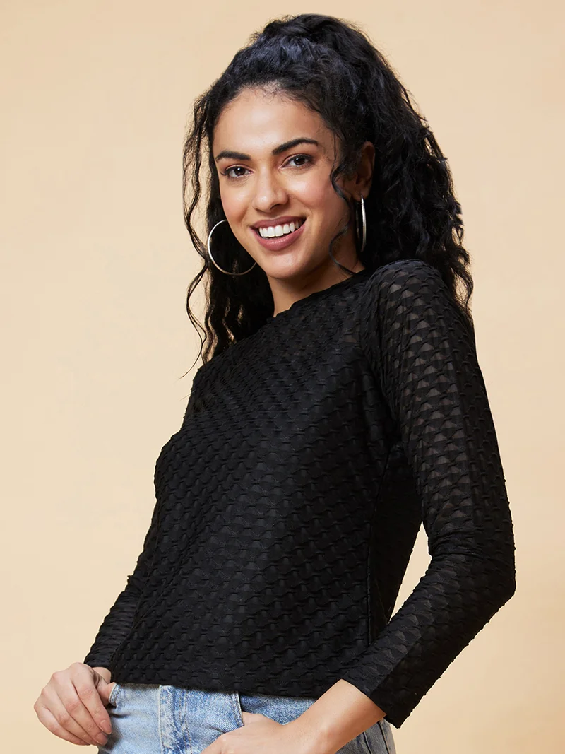 globus Women Black Self Design Semi Sheer Long Sleeve Top