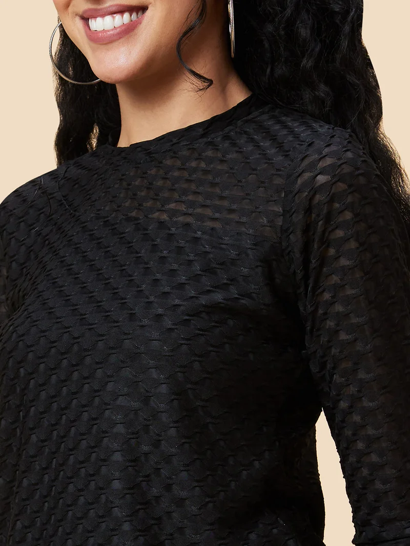 globus Women Black Self Design Semi Sheer Long Sleeve Top