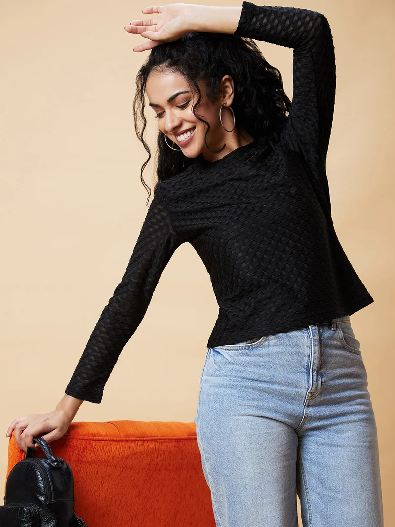 globus Globus Women Black Self Design Semi Sheer Long Sleeve Top