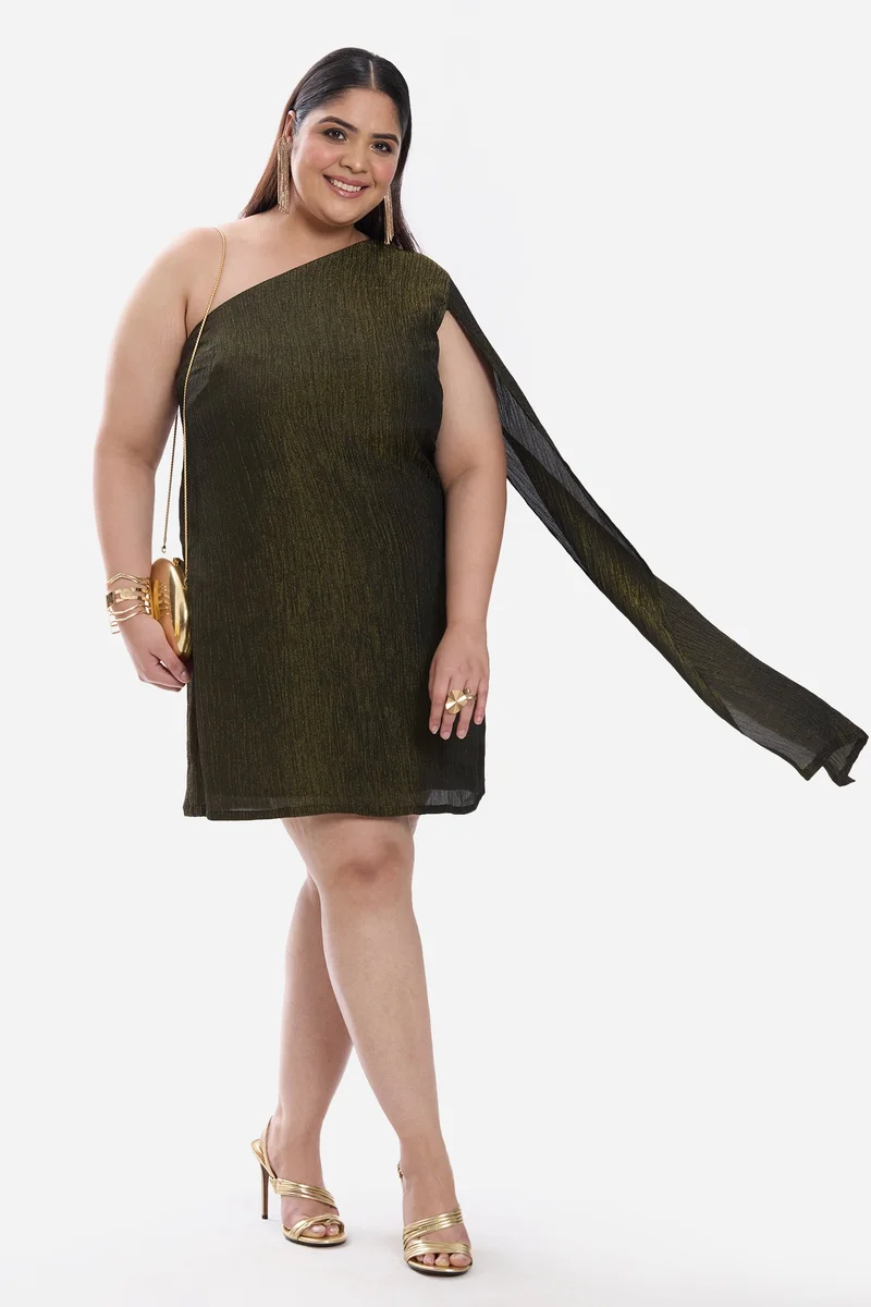 Virgio Self Design Viscose One Shoulder Sheath Plus Size Dress for Women