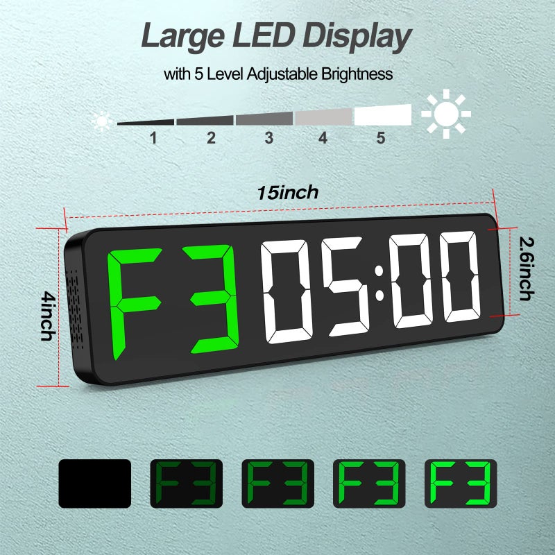 ANJANK Gym Timer 15" Large LED Display Wall Clock | Interval Workout | Countdown & Up | Stopwatch | 12 Adjustable Volume | 3 Installation Ways | Digital Timer for Fitness Home Garage Gym and Outdoor Sport - Image 2