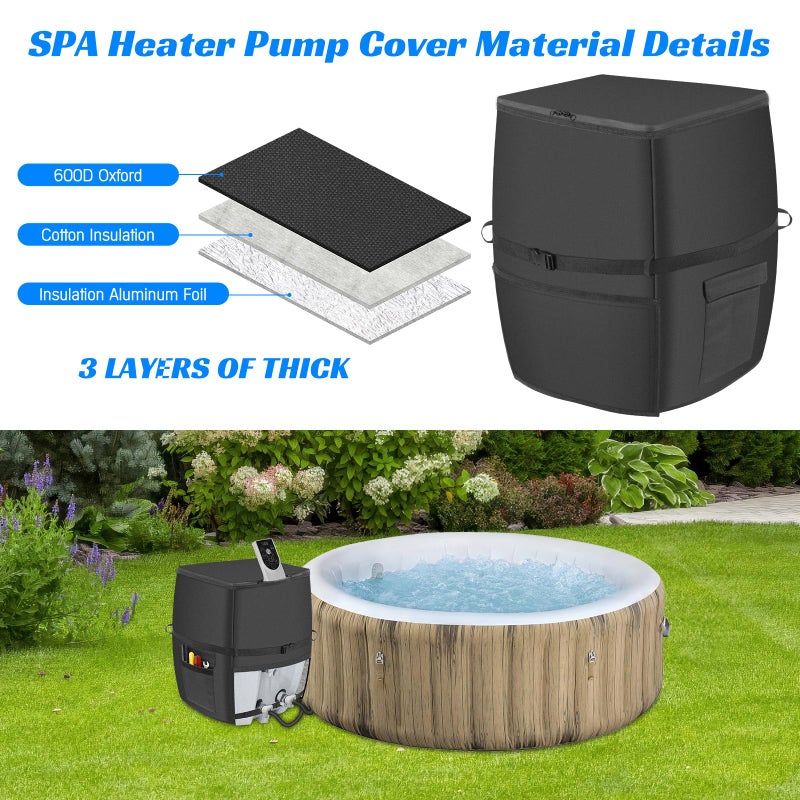 bespeur Hot Tub Spa Heater Pump Cover,Waterproof 600D Oxford Fabric Aluminum Film Insulated Cover,Inflatable Hot Tub Spa Heater Pump,Easy Installation with Zipper and Adhesive Straps,Black,Square - Image 5