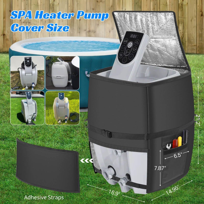 bespeur Hot Tub Spa Heater Pump Cover,Waterproof 600D Oxford Fabric Aluminum Film Insulated Cover,Inflatable Hot Tub Spa Heater Pump,Easy Installation with Zipper and Adhesive Straps,Black,Square - Image 3