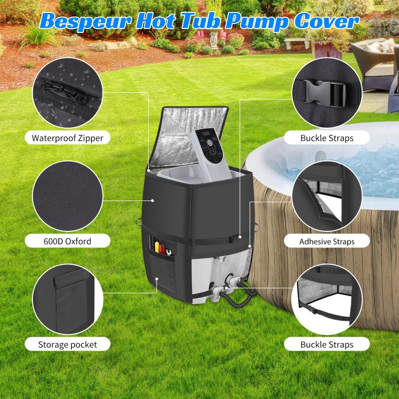 bespeur Hot Tub Spa Heater Pump Cover,Waterproof 600D Oxford Fabric Aluminum Film Insulated Cover,Inflatable Hot Tub Spa Heater Pump,Easy Installation with Zipper and Adhesive Straps,Black,Square - Image 4