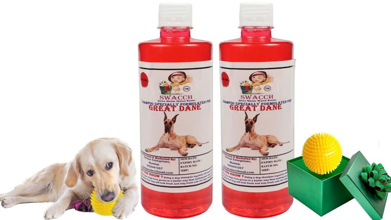 swacch Shampoo | Puppy Safe Shampoo | PH Balanced | Ditch to Itch for Great Dane Dog Shampoo 500ml Pack of 2 (Strawberry) + Spike Ball Chew Toy Combo Pack - Image 1