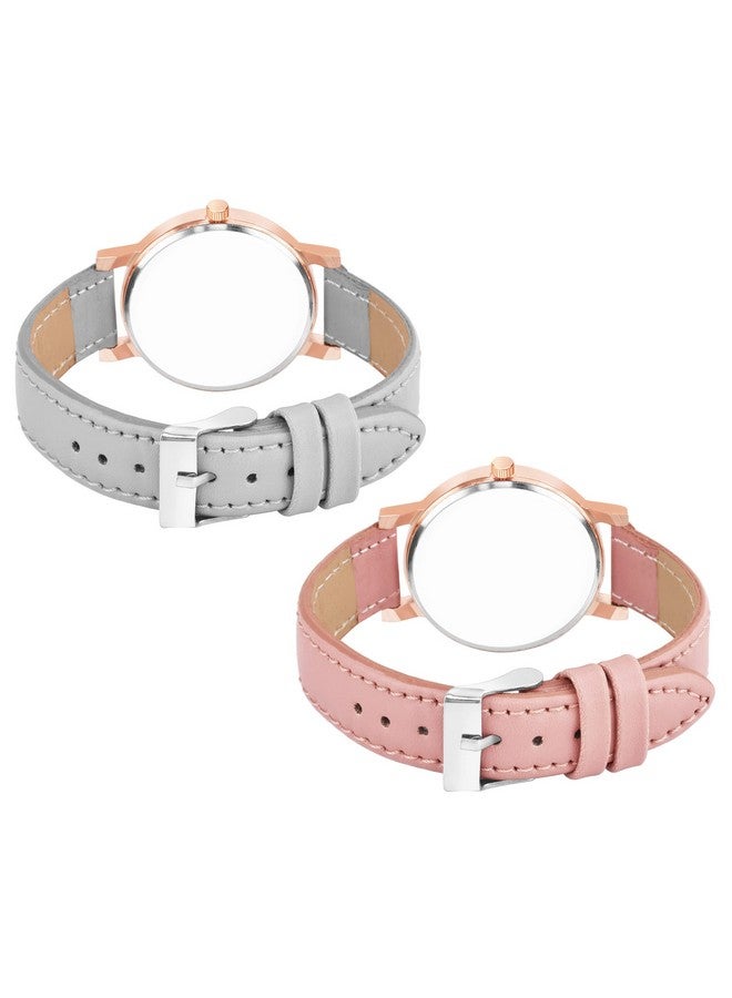 The Shopoholic Analog Flowered Dial Grey Peach Colour Leather Strap Combo Watch for Womens and Girls Pack of 2 Watches - Image 2