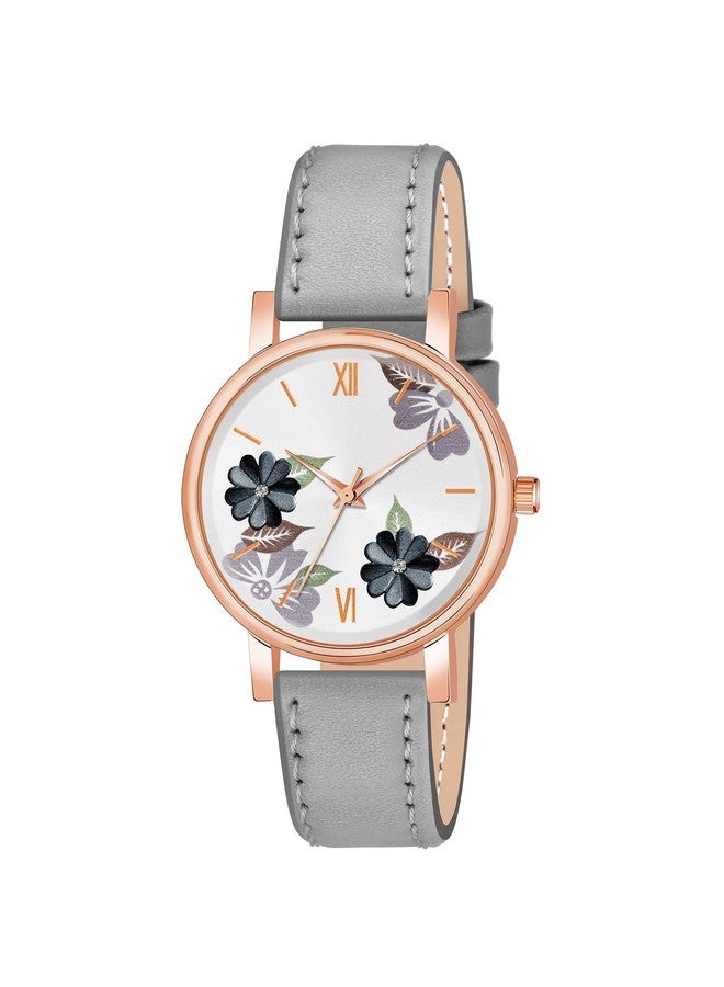 The Shopoholic Analog Flowered Dial Grey Peach Colour Leather Strap Combo Watch for Womens and Girls Pack of 2 Watches - Image 3