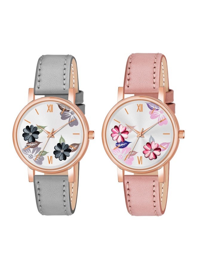 The Shopoholic Analog Flowered Dial Grey Peach Colour Leather Strap Combo Watch for Womens and Girls Pack of 2 Watches - Image 1