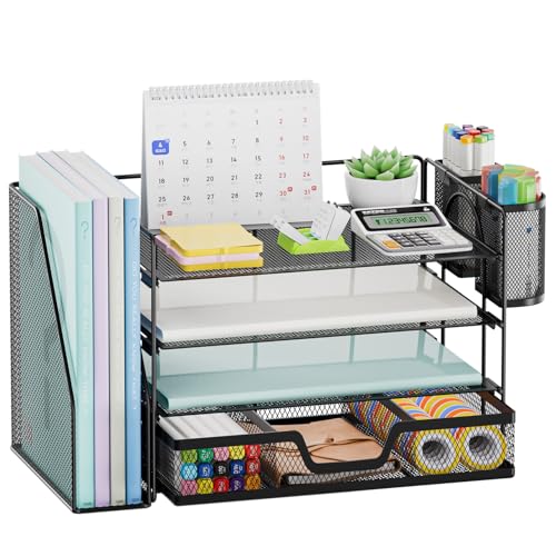 Marbrasse Desk Organizer and Accessories4Tier Paper Letter Tray Organizer with File Holder Desk Accessories Workspace Organizers with Drawer and 2 Pen Holder Black 154 x 91 x 83 - Image 1