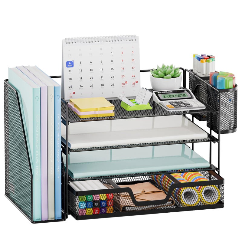 Marbrasse Desk Organizer and Accessories4Tier Paper Letter Tray Organizer with File Holder Desk Accessories Workspace Organizers with Drawer and 2 Pen Holder Black 154 x 91 x 83 - Image 2