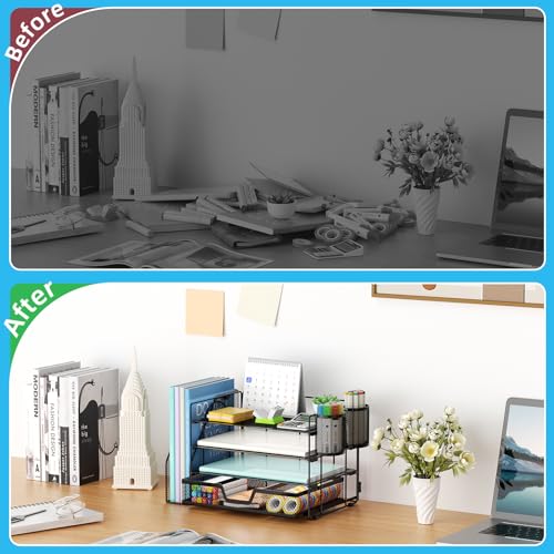 Marbrasse Desk Organizer and Accessories4Tier Paper Letter Tray Organizer with File Holder Desk Accessories Workspace Organizers with Drawer and 2 Pen Holder Black 154 x 91 x 83 - Image 3