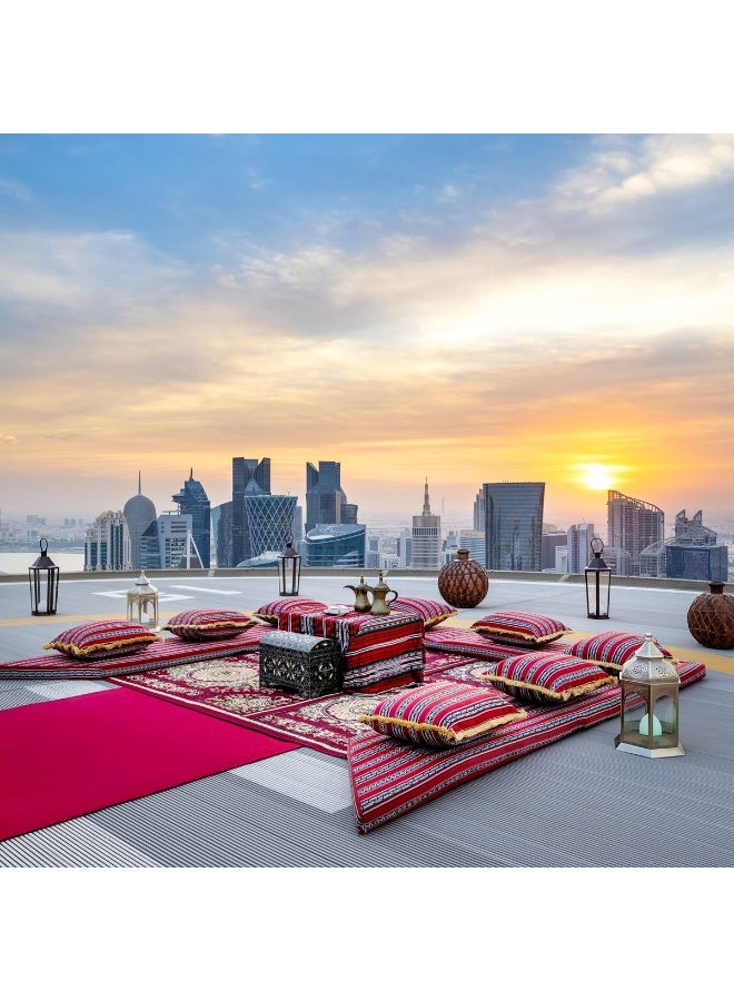 اكس بوت طقم جلوس أرضي مجلس عربي تقليدي، وسائد بنمط بدوي أحمر بنقوش مخططة، مجلس متناسق، مناسب للاستخدام الخارجي على الأسطح والتخييم وحدائق الفعاليات، بدون سجاد (مجلس فقط) - Image 1