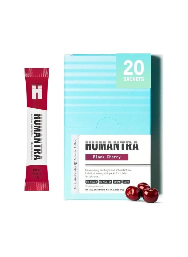 Humantra Electrolyte Hydration Drink Powder Black Cherry Flavor 20 Sachets | Sugar Free Vegan Electrolyte Supplement with Vitamin C B12 Zinc | Caffeine Free Hydration Mix - Image 1