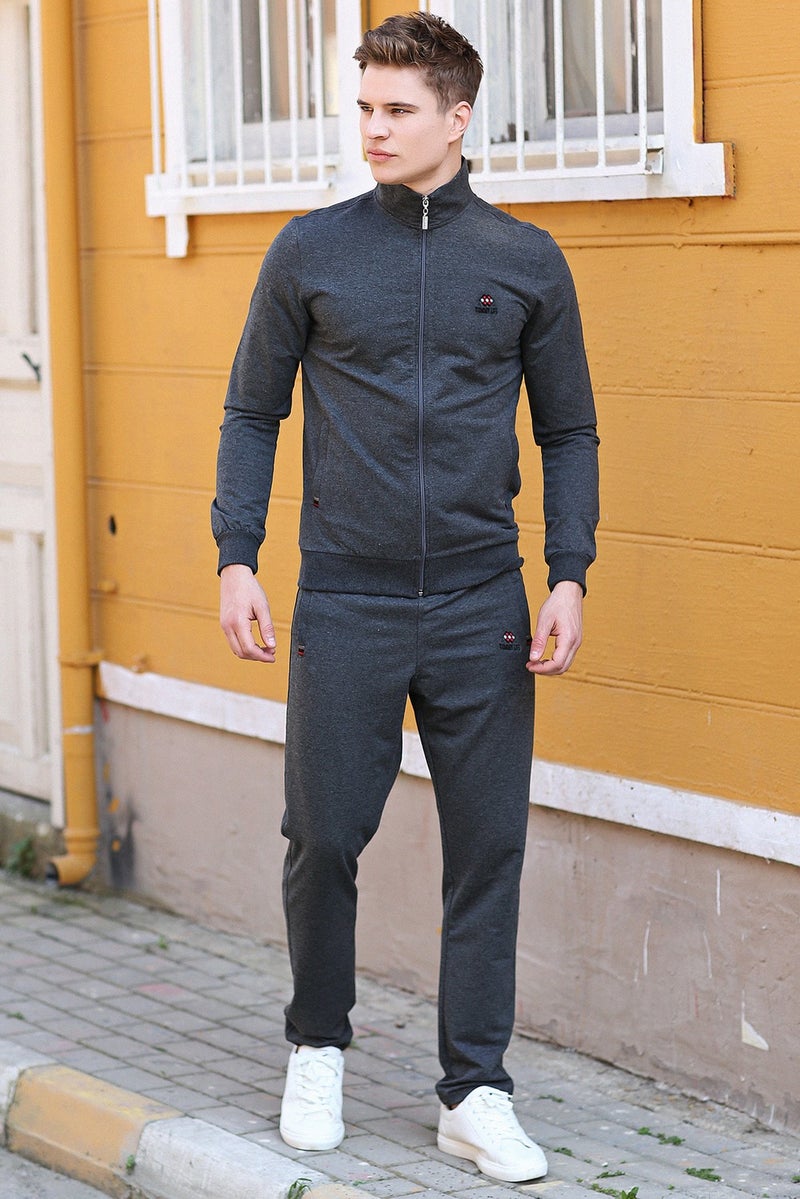 Tommy Life Anthracite Melange Men's Stand-Up Collar Zippered Slim Fit Classic Leg Tracksuit Set-85072 - Image 1