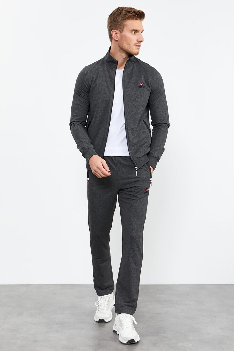 Tommy Life Anthracite Melange Men's Stand-Up Collar Zippered Slim Fit Classic Leg Tracksuit Set-85072 - Image 2