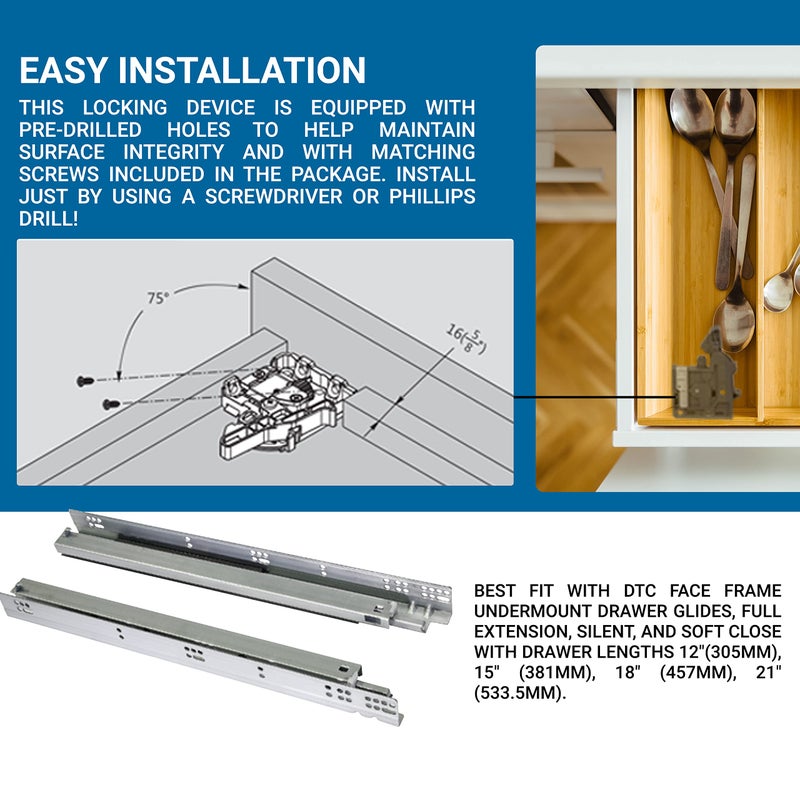 DTC 3 Pairs of DTC Undermount Drawer Slide Plastic Front Locking Device, Grey with Screws Included - Image 4