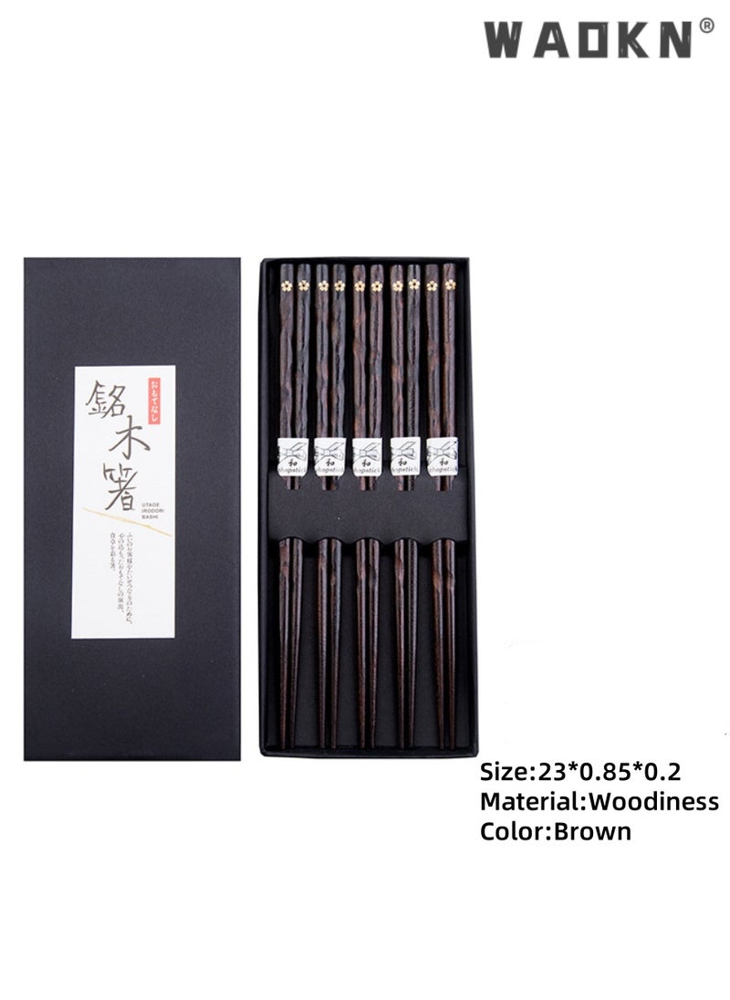 WAOKN - 5 Pairs Chopsticks Wooden Reusable Washable Chop sticks Non-slip Japanese Style Gift Set Personalized Cooking Pointed Tail Head Household Solid Wood Chopsticks（Single Cherry Blossom Pattern） - Image 1