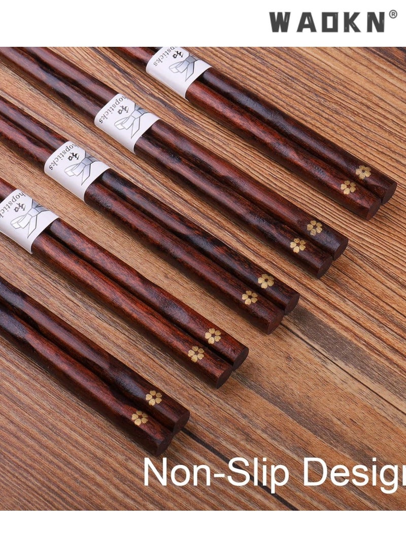 WAOKN - 5 Pairs Chopsticks Wooden Reusable Washable Chop sticks Non-slip Japanese Style Gift Set Personalized Cooking Pointed Tail Head Household Solid Wood Chopsticks（Single Cherry Blossom Pattern） - Image 1