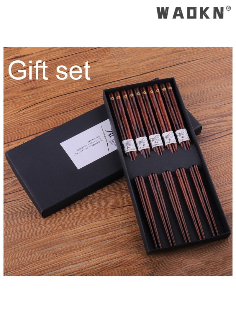 WAOKN - 5 Pairs Chopsticks Wooden Reusable Washable Chop sticks Non-slip Japanese Style Gift Set Personalized Cooking Pointed Tail Head Household Solid Wood Chopsticks（Single Cherry Blossom Pattern） - Image 1